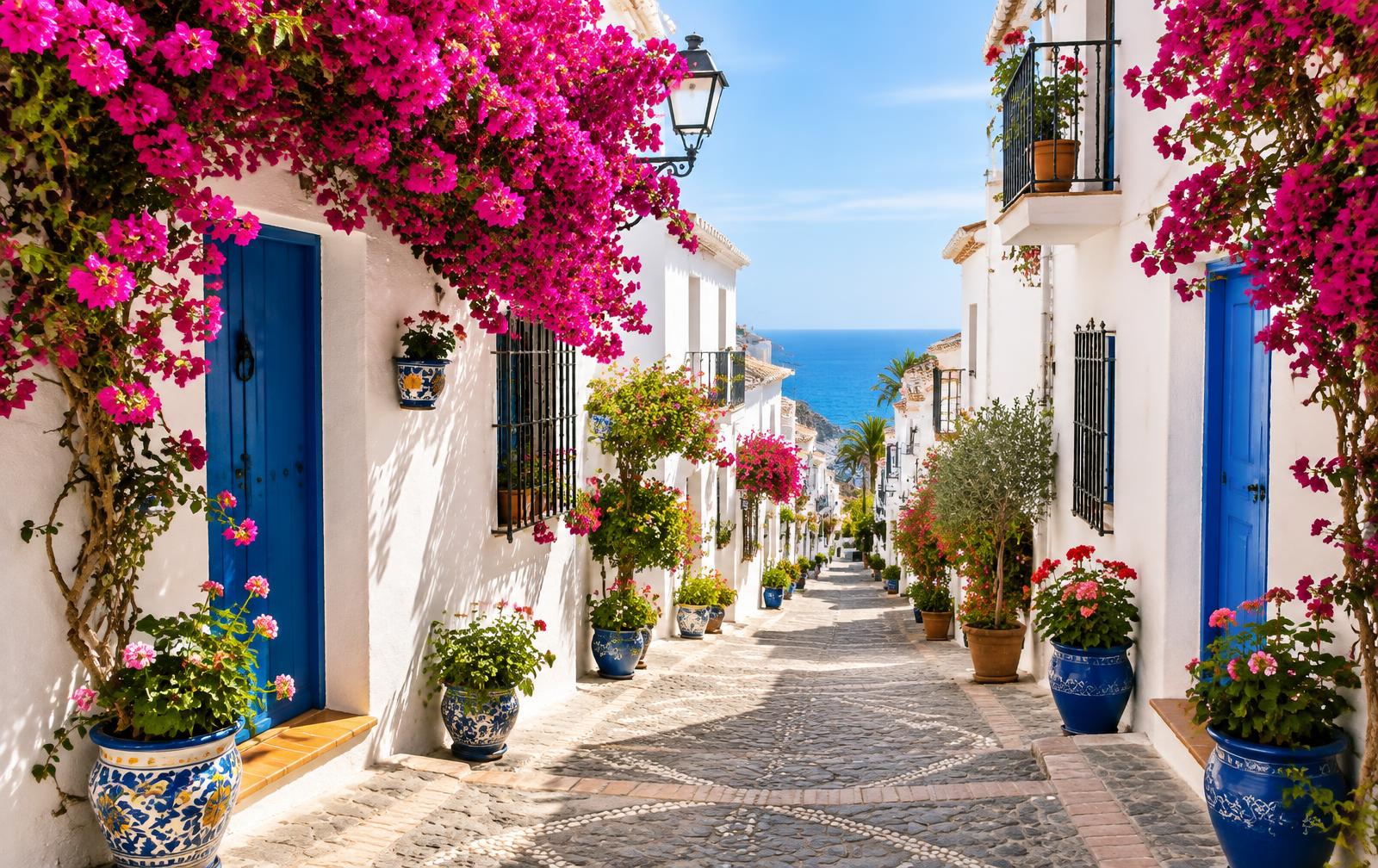A flower-filled whitewashed street in Nerja old town