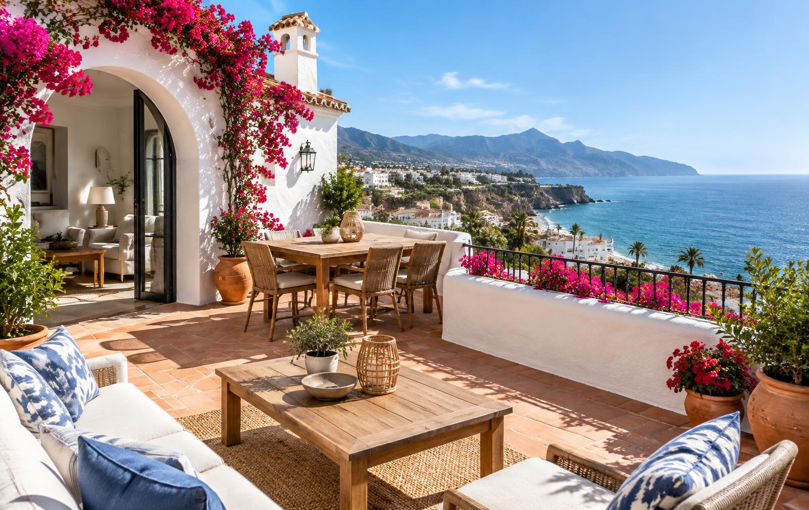 A sunny Nerja property terrace overlooking the Mediterranean